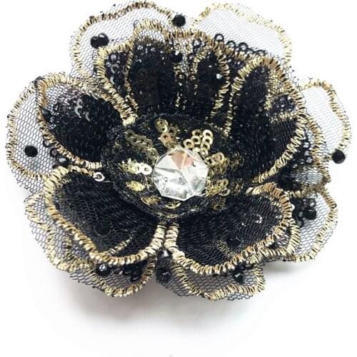 8CM Embroidery 3D Black Flower Head Sew On Patch Sequin Mesh Lace Trims Multilayered Trimmings For Wedding Appliques Dress