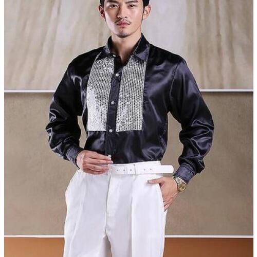 Free shipping stage silver sequins decoration black mens tuxedo shirts party/event shirts latin dance performance shirts
