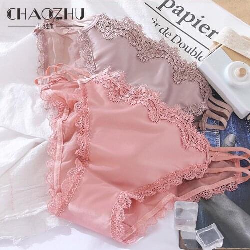 CHAOZHU Ice Silk Lace Applique Ladies Panties Seamless Transparent Pure Color Thin String Side Underwear 3-color Fashion Panties