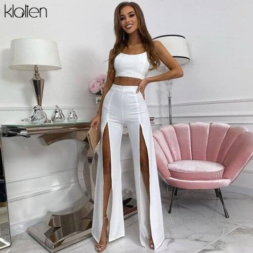 KLALIEN Fashion Casual High Waist Stretch Split Wide Leg Pants Women Autumn New Simple Solid Streetwear Office Lady Trousers