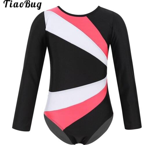 Kids Teens Color Block Cutout Back Long Sleeves Ballet Gymnastics Leotard for Girls Gym Fitness Bodysuit Competition Dance Wear