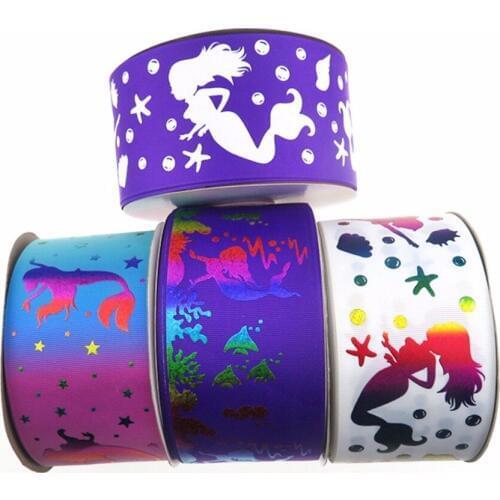 Wholesale 100Y/lot 75mm 3" holographic foil mermaid ocean series grosgrain ribbon DIY handmade material welcome custom order