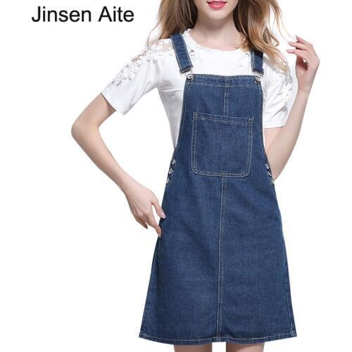 Jinsen Aite Plus Size S-4XL New Summer Womens Skirt Denim Casual Pockets Fashion Midi Strap Skirt Vintage Girls Skirt JS437
