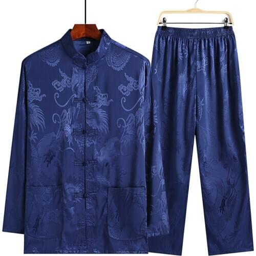 Long Sleeve Long Pants Dragon Kung Fu Suit Satin Silk Wu Shu Tai Chi Sets Plus Size 4XL New Chinese Style Mens Tang Suit Sets