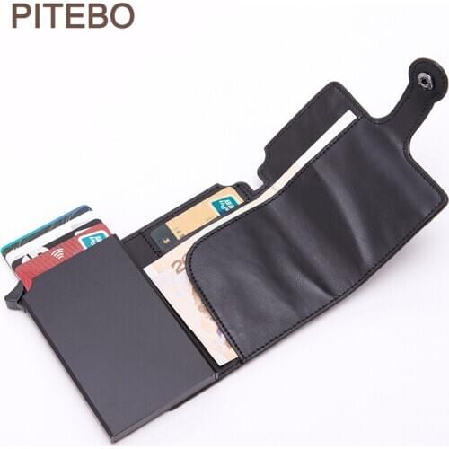 PITEBO Leather Credit ID Card Holder Titanium Aluminum Slim Pop UP Wallet for Men RFID Blocking Minimalist Good Business Wallets