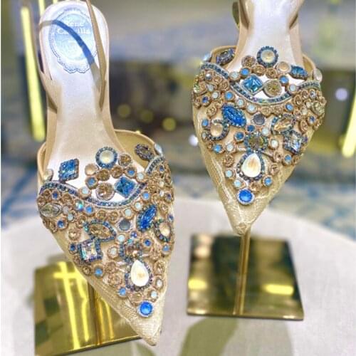 Summer rhinestone lace fine high-heeled pointed mesh bridal wedding shoes all-match banquet dress low-heeled women sandals