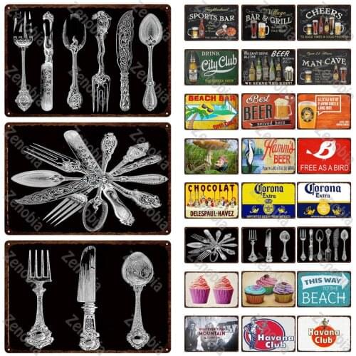 Metal Sign Wall Beer Metal Painting Decor Knife and Fork Vintage Plaque Beach Tin Plate Bar Pub Club Wall Stickers Cake Sign