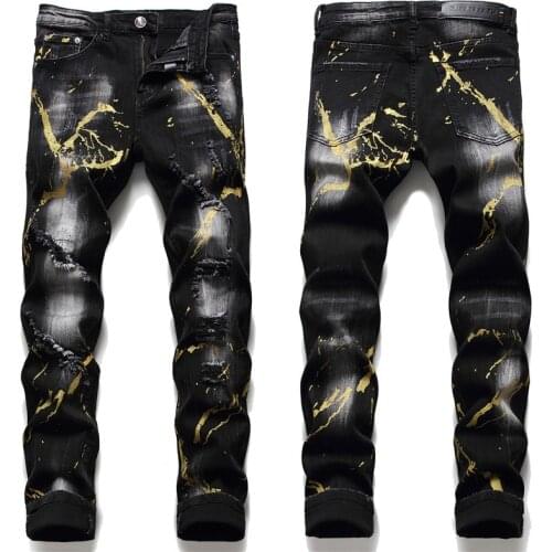 Mens light luxury brand new jeans paint prints elastic slimming black jeans scratched ripped denim pants jeans