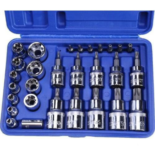 29Pcs 1/4 3/8 1/2 Torx Star Socket Bit Set E & T Sockets With Torx Bit Wrench Repair Tools Adapter Car Repair Tool Household