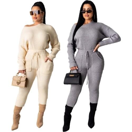 Solid Color Kniting Round Neck Tops Drawstring Trousers Women Suits Simple Style Fashion Casual Two Piece Set