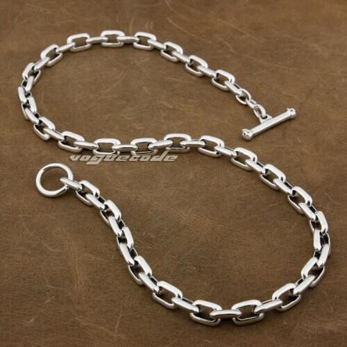 Shiny Punk Rocker Fashion Necklace Solid 925 Sterling Silver Cool Mens Biker Big Ellipses Necklace 8W007N