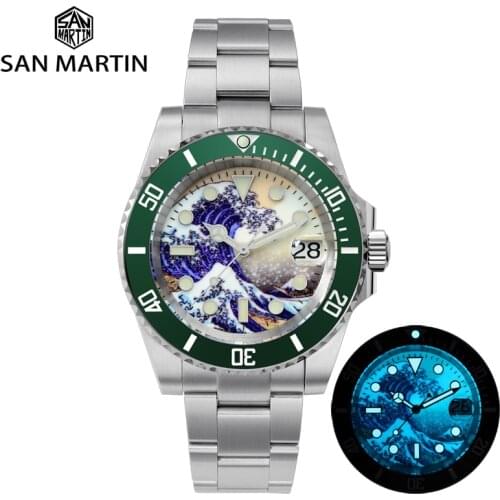 San Martin Full Luminous Kanagawa Surfing Dial Diver Watch Mens 200m Waterproof Stainless Steel Automatic Mechanical Wrist Watch