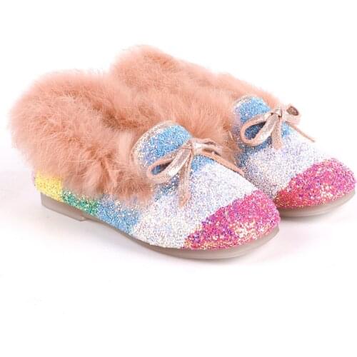 Colorful glitter girls loafer winter warm fur shoes bowknot slip on princess flats party school home furry 2020 new fashion