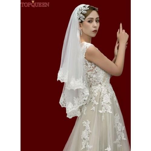 TOPQUEEN V79 Long Wedding Veil with Shine 2 Tier Veil with Lace Applique Bridal Headwear Vail Fingertip Veil Turkish Veil