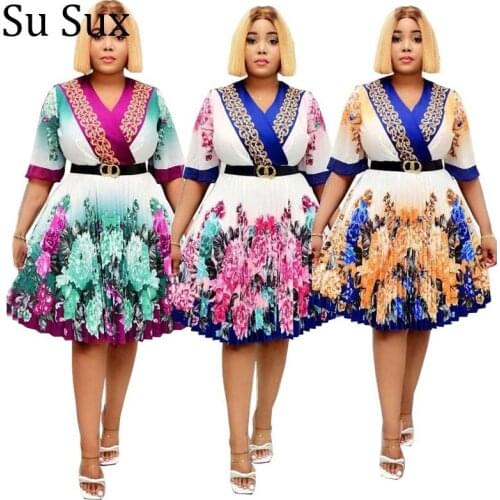 Vintage Pleated A Line Dress African Clothes For Women Dahiki Africa Clothing V Neck High Waist Knee Length Party Dress 2021