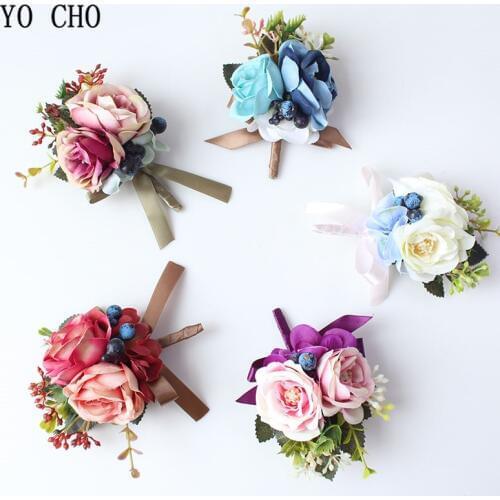 YO CHO Boutonniere Rose Wrist Corsage Bridal Artificial Silk Flowers Blue White Groom Wedding Meeting Boutonniere Personal Decor
