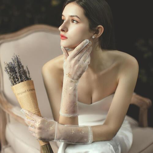 Women Sheer Tulle Bridal Gloves Transparent Full Finger Gold Star Long Prom Evening Dress Gloves Mittens Party Photography Glove