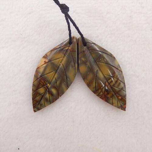 Birthday gift,Natural Multi-Color Picasso jasper Gemstone Fashion woman Carved Leaf Earrings 34x15x4mm，6.2g