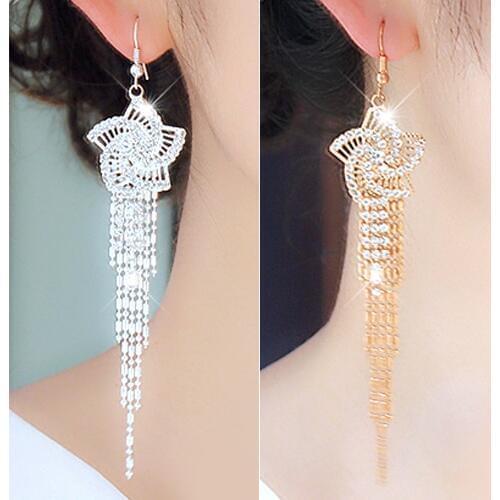 Womens Trendy Rhinestone Alloy Flower Long Tassels Earrings Cocktail Dangle Earrings For Women Top Quality Luxury Jewerly C778