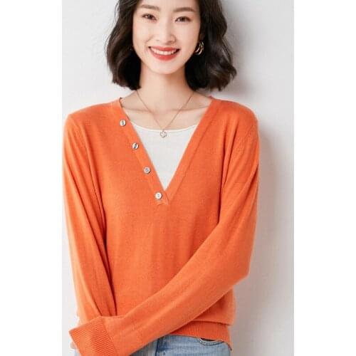 2021 Spring Autumn Thin V-Neck Stitching Fake Two-Piece Wool Sweater Womens Pullover Section Long-Sleeved Wild Loose Base Shirt