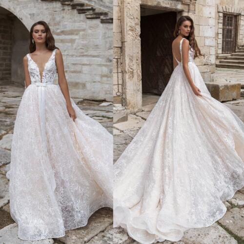 2020 Bohemian Wedding Dresses Sexy Deep V Neck Backless Lace Appliques Bridal Gowns Sweep Train A Line Wedding Dress