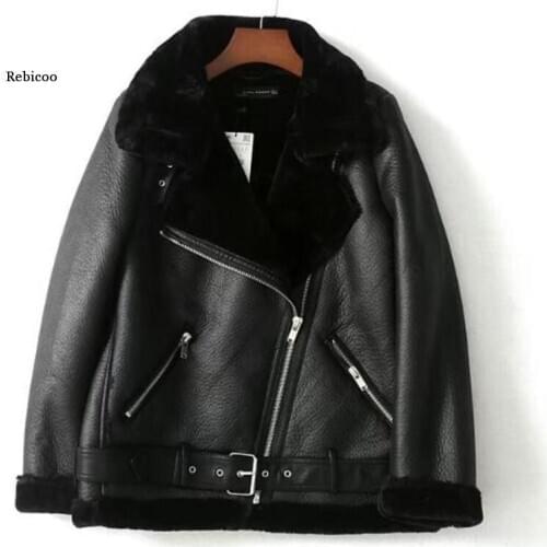 Winter Sheepskin Coats Women Thicken Faux Leather Fur Coat Female Fur Lining Leather Jacket Aviator Jacket Casaco Feminino