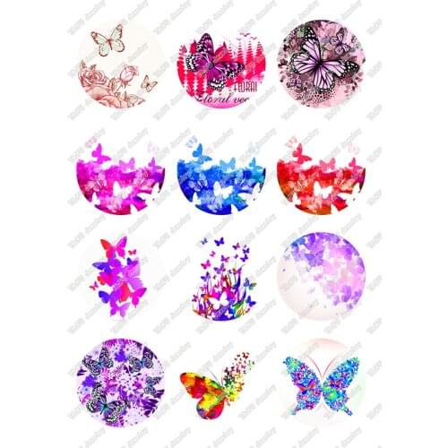 24pcs/lot Round Glass Cabochon Demo Flat Back Hand Making Findings Colorful Butterfly Pattern Cabochon T094