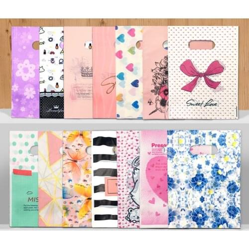 50Pcs 15x20cm/20x30cm Small Jewelry Bag Cute Pattern Plastic Bag with Handle Gift Bags Candy Cookie Party Favor Packaging Bag