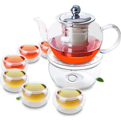 8in1 Kung fu Coffee Tea Set-485ml Apple-shaped Glass Tea Pot with Stainless Steel Infuser+6* Double Wall Layer Cups + Warmer A