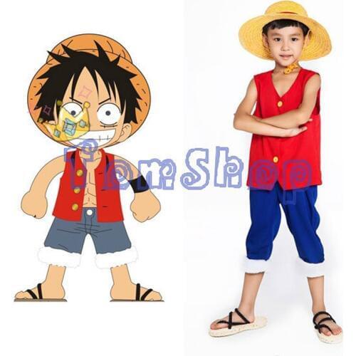 Anime ONE PIECE Monkey D Luffy 2 years later KIDS Cosplay Child Full Set Halloween Costumes (Tops+Pants+Straw Hat) Free Shipping