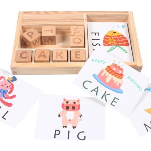 Baby Toy Learning English 60pcs cards Chopping Building Wooden Block Learning and Educational Table Game Gifts for Children