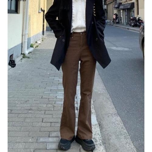 Retro Womens High Waist Brown Jeans Female Vintage Denim Slim Trousers Flare Pants Feme Office Lady Elegant Pants