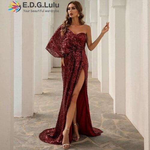 EDGLuLu 2021 Fashion Women Elegant One Shoulder Red Sequin Maxi Dress Floor Length Bodycon Party High Split Mermaid Dress 0328