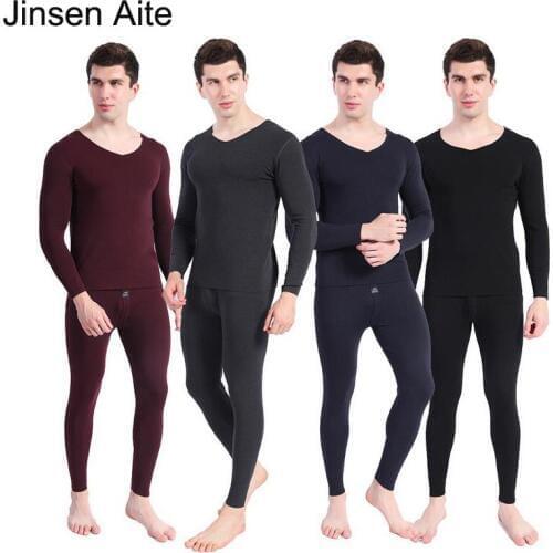 Jinsen Aite 2018 New Fashion Winter Mens Long Johns Modal Solid Slim V-Neck Stretch Spring Male Thermal Underwear Sets JS645