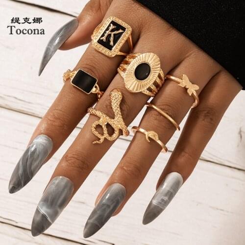 Tocona 7pcs/sets Boho Snake Butterfly Moon Gold Ring Sets New Black Dripping Oil Geoemtry Party Jewelry for Women Men 18777
