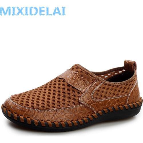 MIXIDELAI Genuine Leather Summer Breathable Soft Male Mesh Shoes For Men Adult Walking Casual Quality Light Net Footwear 2019