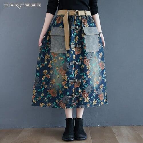 Patchwork Vintage Print Women Denim Long Skirts With Belt 2020 Elastic Waist Streetwear Loose Jeans Skirt Buckle Saia Longa