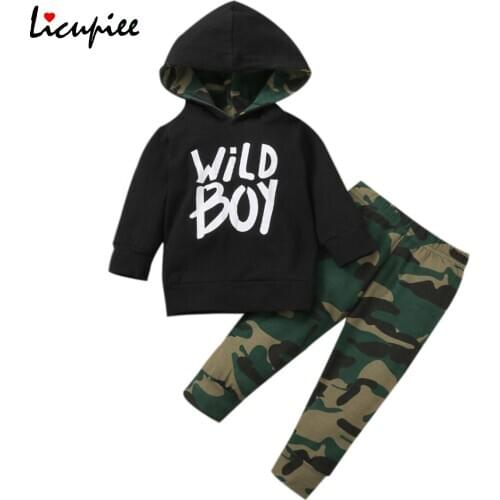 Little Boys Long-sleeved Trousers Suit Unique Letter Print Hooded T-shirt and Camouflage Long Pants 0-3 Years