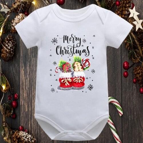 Kawaii Cartoon Graphic Printed Baby White Romper Merry Christmas Short Sleeve Infant Onesies Newborn Children Clothes