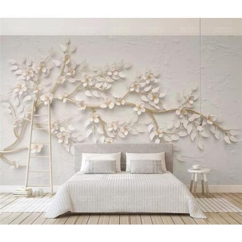 Custom wallpaper mural golden branches white flowers 3d embossed TV background wall paper papel de parede
