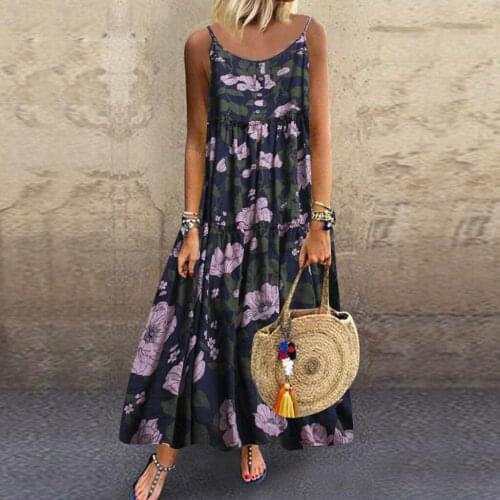 Women Plus Size Summer Dress Button Loose Sleeveless Boho Retro Linen Print Long Maxi Dress Ladies Beach Tank Dress Sukienka