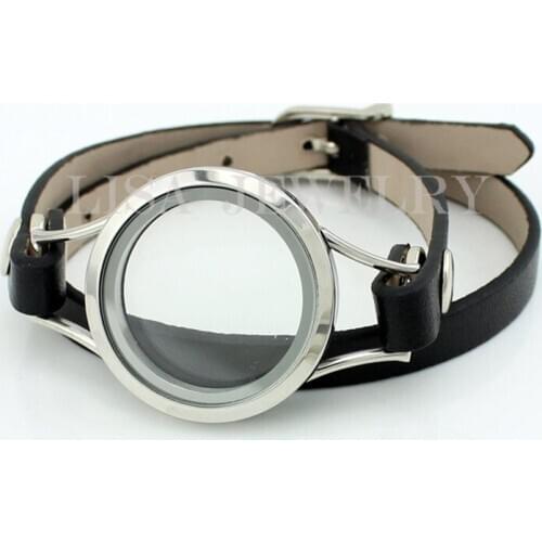Floating locket bracelet leather new 8pcs/lot black genuine authentic leather floating charm memory living 30mm glass