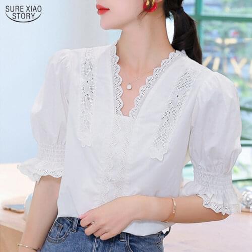 Casual V-neck Lace White Shirts Solid Color Puff Sleeve Summer Blouse for Women 2021 Womens Tops and Blouses Blusas 10204