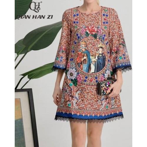 Qian Han Zi spring autumn designer fashion runway dress Lace Three Quarter vintage Pattern print Beaded dress Women 2021 new