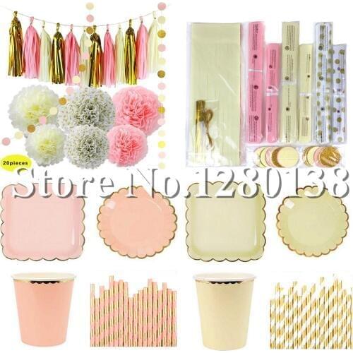 Pink Yellow Gold Tissue Tassel Garland Paper Pompom Flowers Disposable Wedding Shower Tableware Plates Straws for Decorations