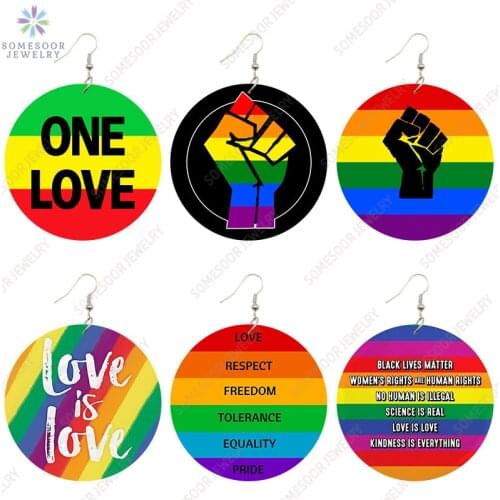 SOMESOOR Rainbow Colors One Love African Wooden Drop Earrings Powerful Fist Inspire Sayings Printed Loops Dangle For Women Gift