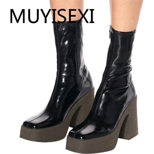 Autumn winter brand bootselastic leather shoes for women ankle boots sexy platform high heels balck brown female TTY20 MUYISEXI