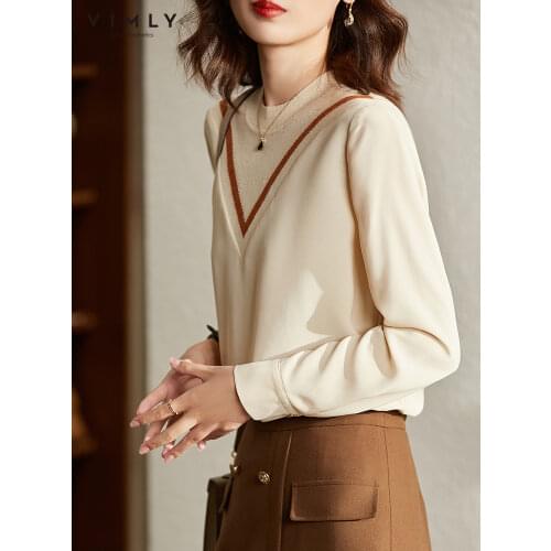 VIMLY Knitted Chiffon Shirt for Women 2021 Autumn New Fashion Korean Elegant Blouse Patchwork Shirts Female Clothing F8609