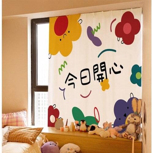 Bedroom Household Velcro Curtains Without Perforation Soft Blackout Window Curtains Self-adhesive Cartoon Printing Decor Drapes