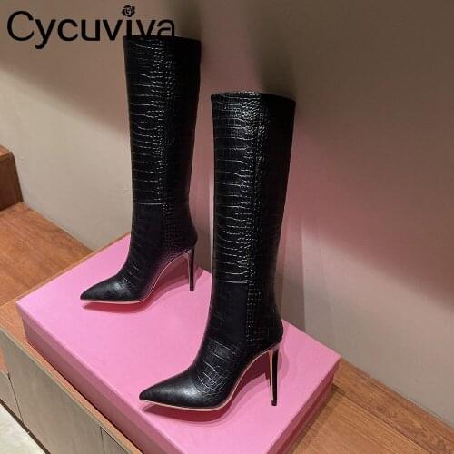 High Quality Genuine Leather Long Boots Women Shoes Pointed Toe Thin Heel Botas Ladies Shoes Sexy Designer Stiletto Winter Boots